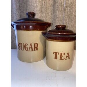 Monmouth Pottery Stoneware Sugar/ Tea Crock Canister Maple Leaf Bottom USA Lot 2